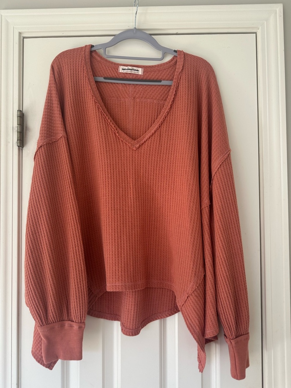 Free People Oversized V-Neck Waffle Long-sleeve